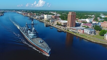 Historic battleship sailing along a calm riverfront under a clear blue sky.