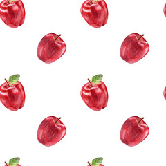 Big red apples on the red background. Aquarelle wrapping paper for package