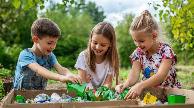 Happy Children Sorting Recycling Waste in Nature
