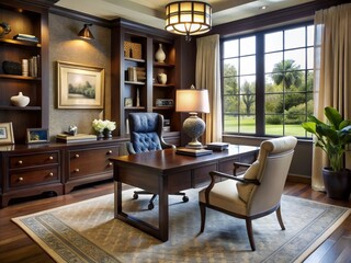 Fototapeta premium A dark wood desk, comfortable armchair, and stylish accessories combine to create a sophisticated and inviting home