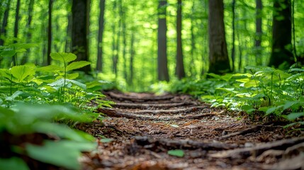 Naklejka premium A serene forest path surrounded by lush greenery leading deeper into the tranquil woodland during daytime
