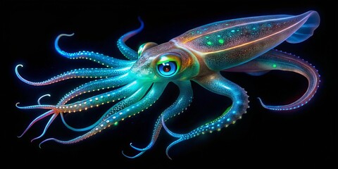A deep-sea squid's bioluminescent display lights up the dark ocean, a mesmerizing dance of colors and patterns that