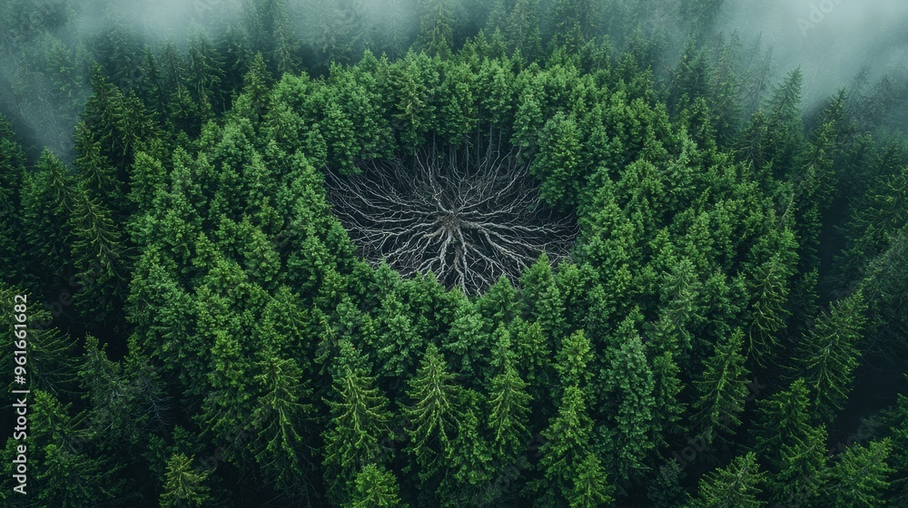 Poster aerial view of a unique circular pattern in a dense forest with one distinct area devoid of trees, s