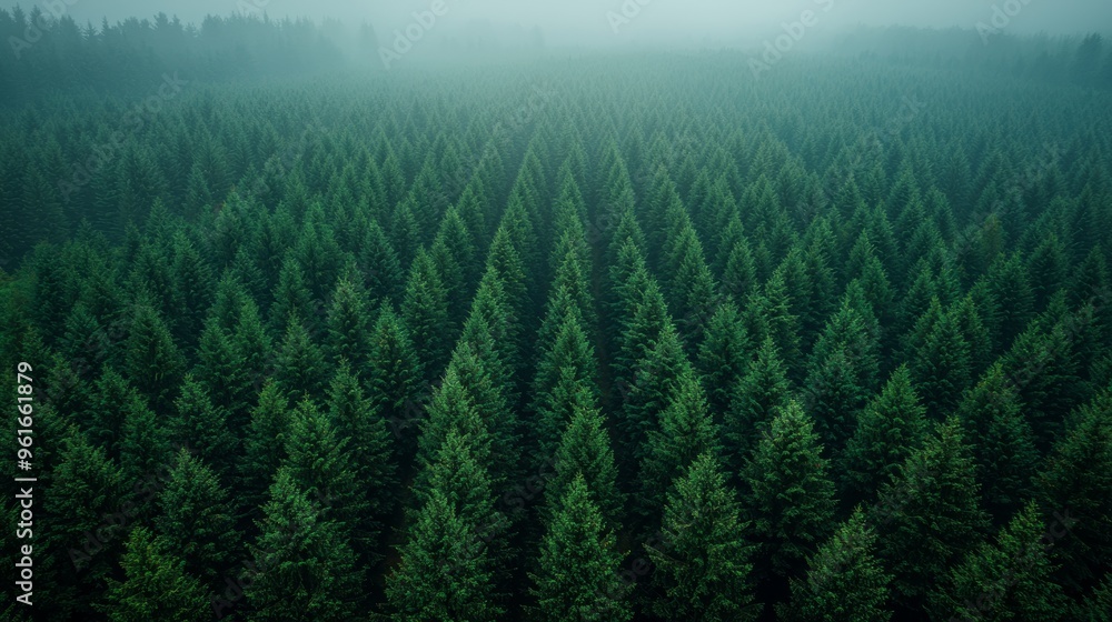 Poster expansive view of a dense evergreen forest shrouded in mist at dawn, showcasing rows of tall trees i