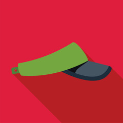 Green golf visor cap with adjustable snap closure lying on red background, flat design style