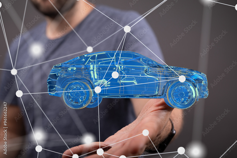 Poster Autonomous car with HUD graphic of Navigation system driving