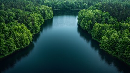 Fototapeta premium Lush green forest surrounding a tranquil lake at midday, reflecting natural beauty and serenity in a peaceful landscape