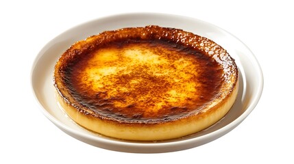 Golden crème brûlée on white plate with caramelized sugar crust
