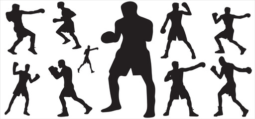 Set of silhouettes of boxer fighting