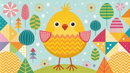 Obraz premium Easter chick illustration style simple shapes bold lines minimalist design geometric shapes bright colors playfulness whimsy children's book artwork