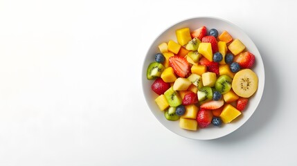 Colorful fresh fruit salad with strawberries, kiwi, blueberries, and mango in a white bowl