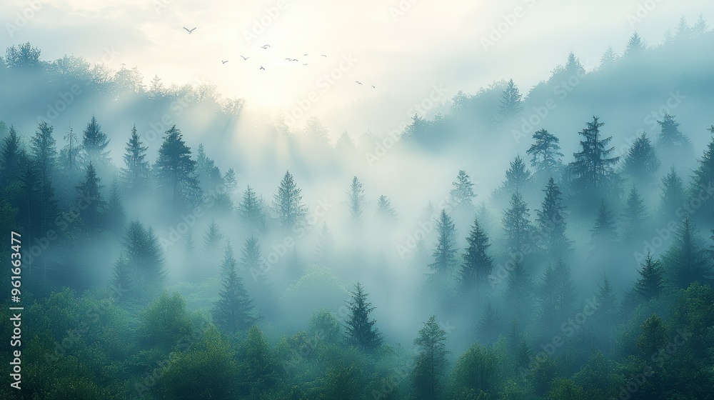 Poster fog envelops a serene forest at dawn, creating a mystical atmosphere over the lush pine trees and di