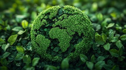 A green globe made of leaves symbolizing environmental conservation in a lush garden setting during daytime