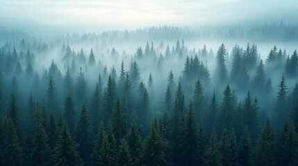Obraz premium Mist-covered evergreen forest at dawn in a tranquil landscape, showcasing nature's beauty and serenity