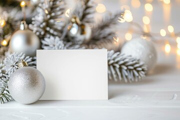 A blank card mockup with decorations on white background. The space is large enough for text or graphics, with bokeh light effects creating an elegant atmosphere