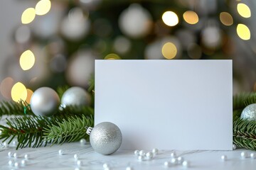 A blank card mockup with decorations on white background. The space is large enough for text or graphics, with bokeh light effects creating an elegant atmosphere
