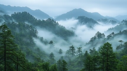 Misty mountains rise above a dense forest in a tranquil valley during early morning light