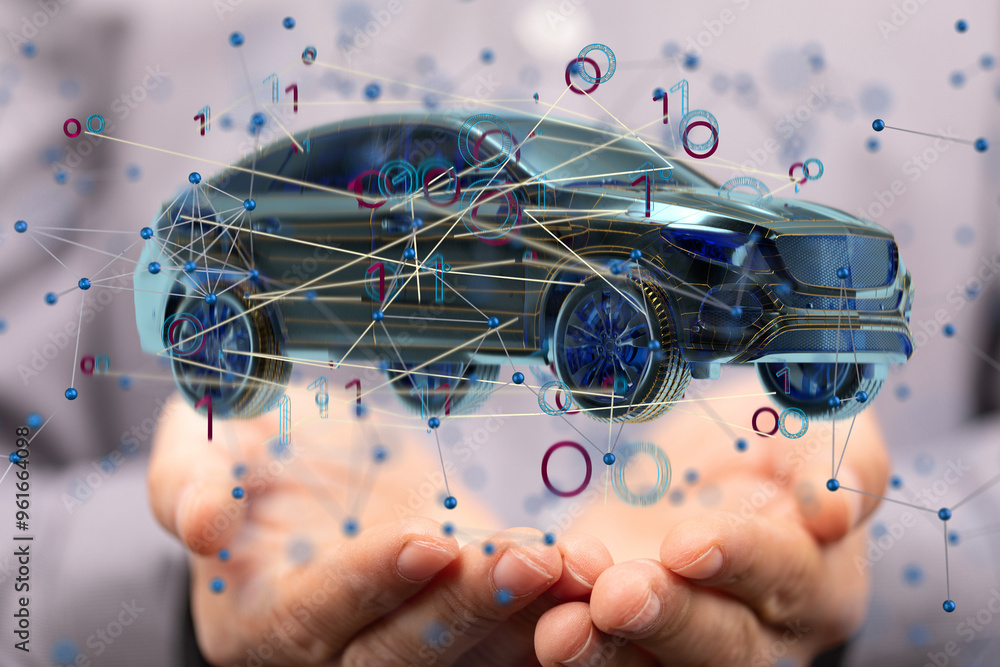 Poster Autonomous car with HUD graphic of Navigation system driving