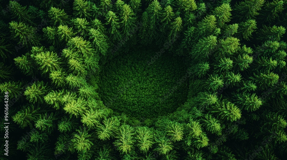 Poster aerial view of a lush green forest with a circular clearing surrounded by dense trees during dayligh