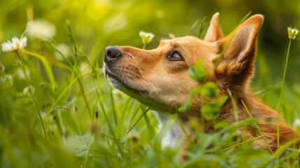 A tight shot of a dog in a field, nose-deep in grass A flower blooms near, sharp in focus against the soft, blurred backdrop of verdant meadow