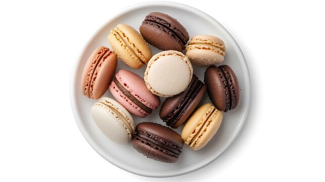 Colorful assorted macarons on a white plate - french pastry delights