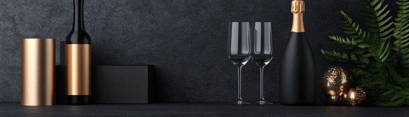 A wine set with wine glasses is beautifully arranged on a Christmas day on a black wall.