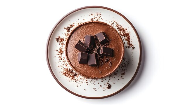 Chocolate cheesecake with dark chocolate garnish on white plate