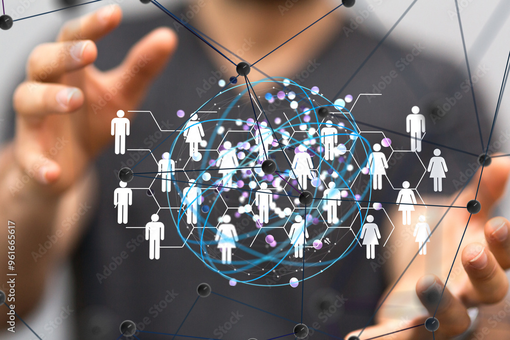 Fototapete Global network. Blockchain. 3D illustration. Neural networks and artificial intelligence. Abstract