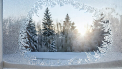 Fototapeta premium Beautiful winter landscape in the mountains through the frosted window.