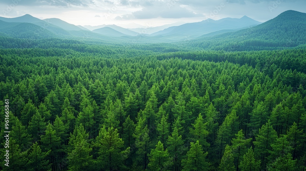 Poster lush green coniferous forest with rolling mountains in the background during a cloudy day in early s