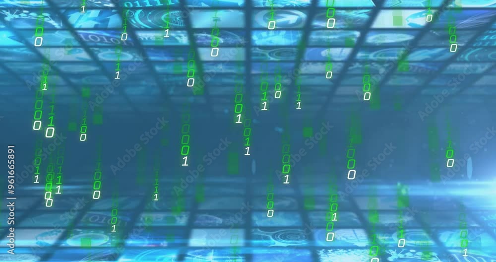 Poster binary code animation over financial data and currency symbols