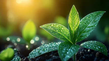 Fresh green plant with water droplets illuminated by sunlight in a natural setting showcasing new growth