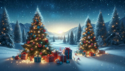 Obraz premium A winter landscape featuring two decorated evergreen trees adorned with ornaments and twinkling lights positioned on either side of a snowy scene