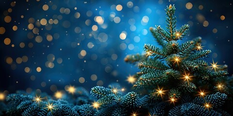 A beautifully decorated Christmas tree branch in a snowy winter landscape with glowing festive lights and a dreamy blue bokeh background