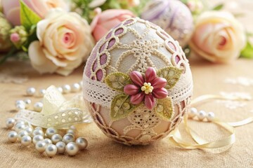Easter egg decorating decorative vintage style lace ribbon silk beads floral patterns intricate details