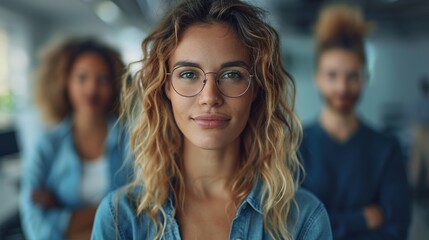 Obraz premium An office setting with a focused woman in glasses at the forefront, accompanied by two blurred colleagues in the background, emphasizing diverse teamwork