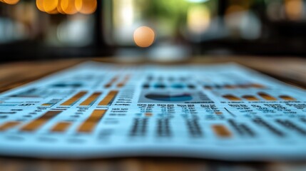 A visually striking image of a colorful, detailed business report with graphs and charts spread out on a wooden desk, set against a dynamic bokeh background