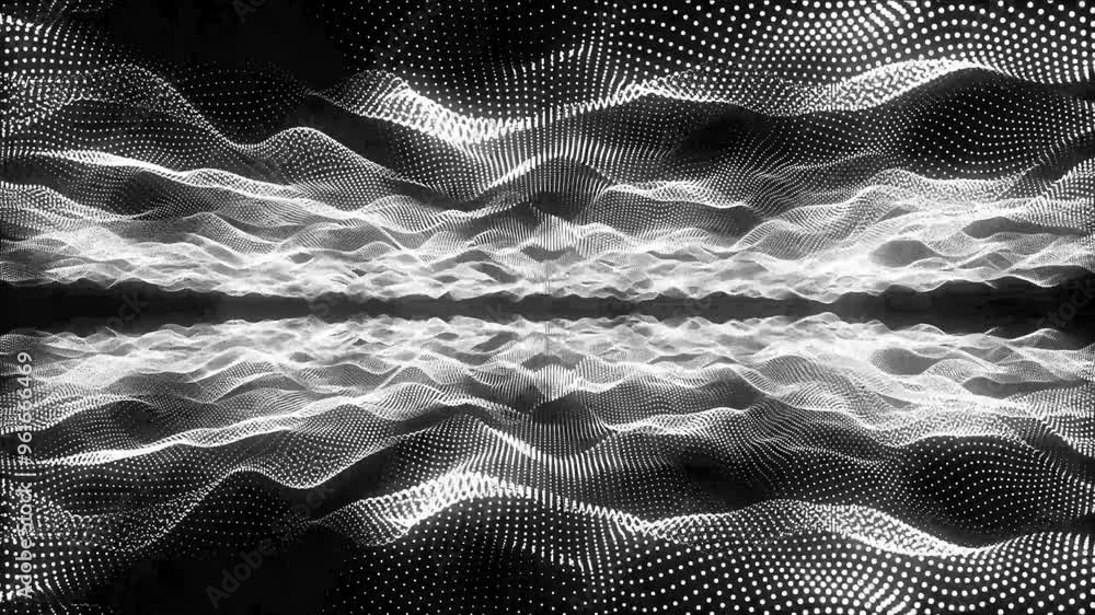 Poster futuristic abstract white glowing waves from dots and particles lines from above and below on a blac