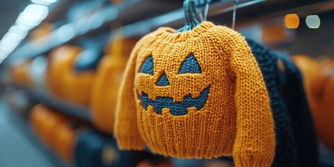 Naklejka premium A hand-knit orange sweater featuring a jack-o'-lantern face design, hanging on a rack in a store filled with various Halloween-themed decorations