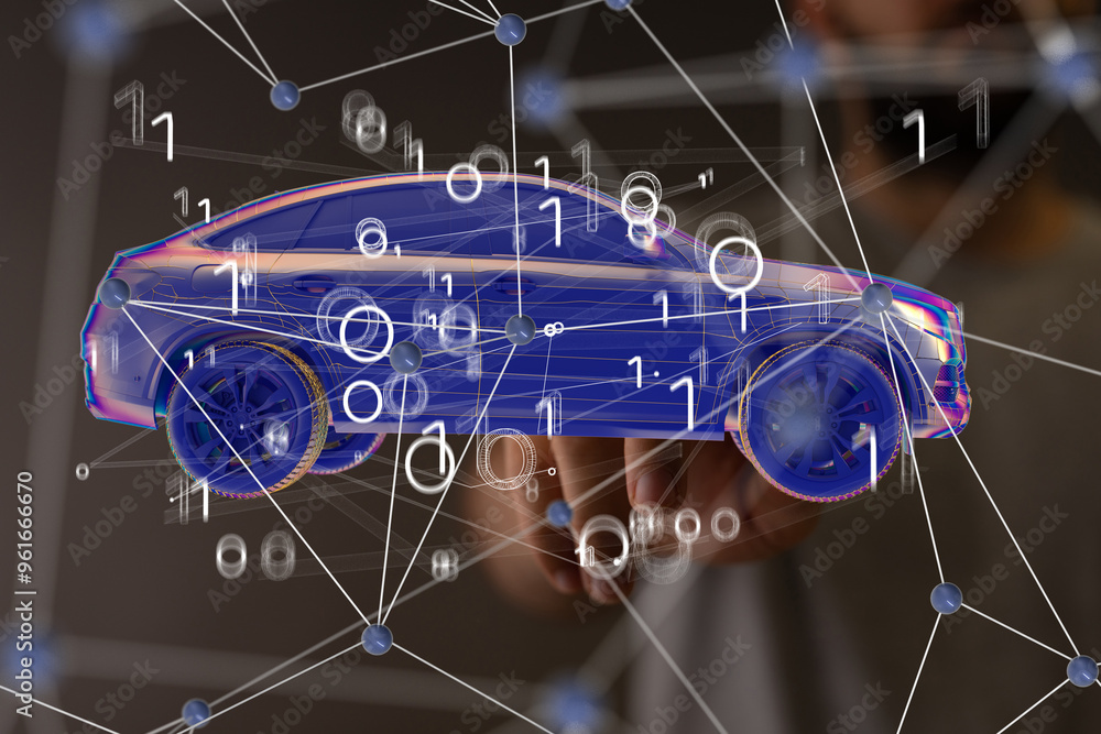Poster Autonomous car with HUD graphic of Navigation system driving