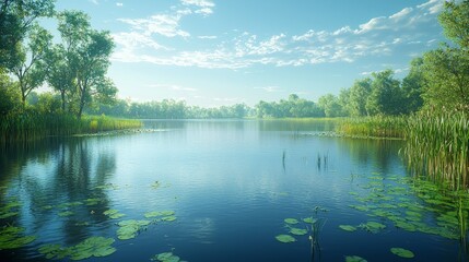 Fototapeta premium Tranquil morning light reflects on a serene lake surrounded by lush greenery and calm waters in a peaceful natural setting