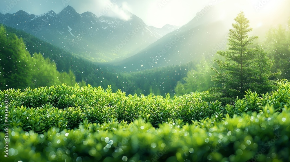 Poster lush green landscape with mountains and sunlight filtering through trees at dawn, creating a serene 
