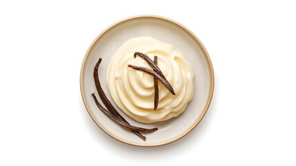 Vanilla custard swirl with fresh pods on ceramic plate
