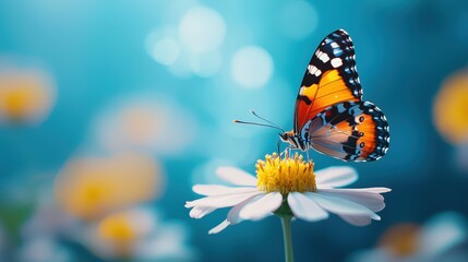 A butterfly resting on a freshly bloomed flower in a spring garden