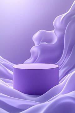 A purple podium for product presentation, soft light purple wavy fabric, minimalistic