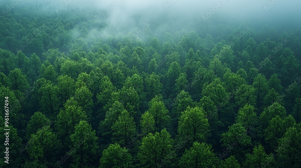 Poster lush green forest under morning mist with dense tree coverage and serene atmosphere in early dayligh