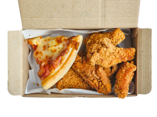 group fried chicken wing and pizza in cardboard box on transparent background, Top view