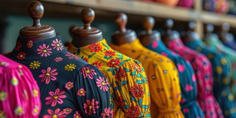 A vibrant showcase of colorful floral-patterned dresses on mannequins in a fashion store reflecting diverse styles and intricate embroidery designs