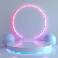 Podium for product presentation with neon lights, pastel-colored background , empty mockup. 