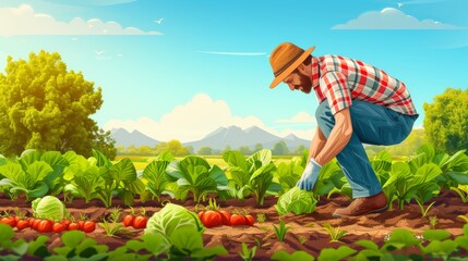 A farmer, dressed in a plaid shirt and straw hat, bends down to harvest cabbage in a lush, vibrant vegetable garden. The background reveals a clear sky and scenic mountains, emphasizing the beauty of